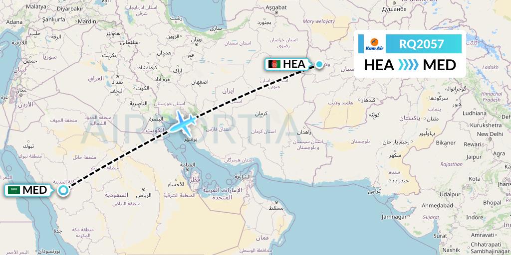 RQ2057 Kam Air Flight Map: Herat to Medina