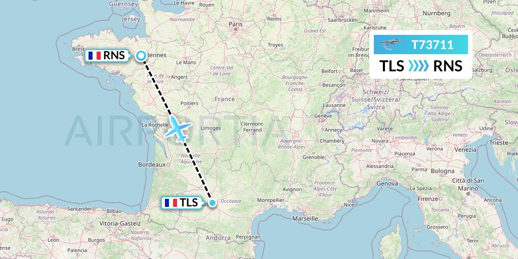 T73711 Twin Jet Flight Map: Toulouse to Rennes