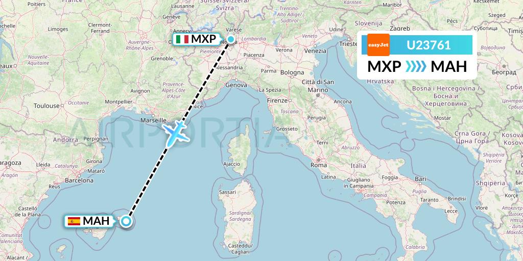 U23761 EasyJet Flight Map: Milan to Mahon