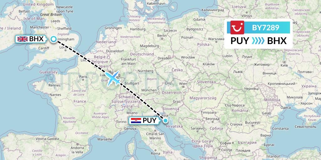 BY7289 TUI Airways Flight Map: Pula to Birmingham
