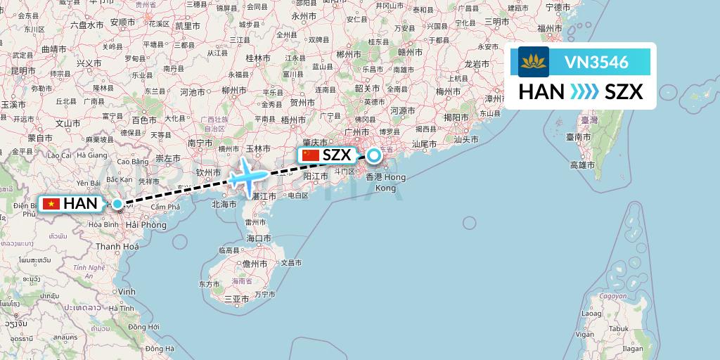 VN3546 Vietnam Airlines Flight Map: Hanoi to Shenzhen