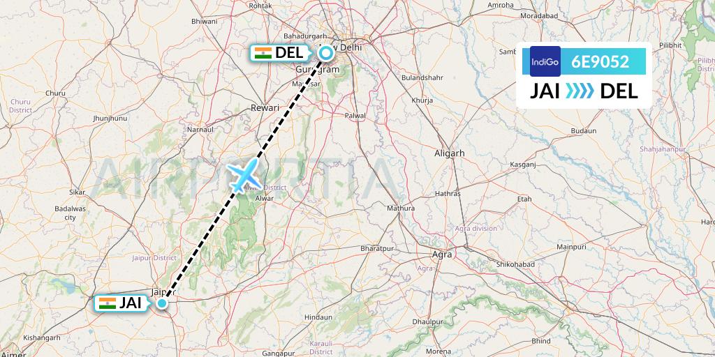 6E9052 IndiGo Airlines Flight Map: Jaipur to Delhi
