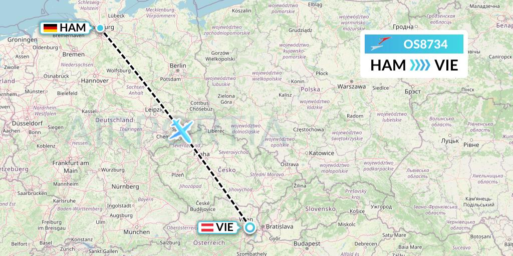 OS8734 Austrian Airlines Flight Map: Hamburg to Vienna
