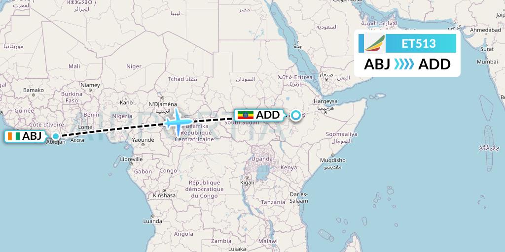 ET513 Ethiopian Airlines Flight Map: Abidjan to Addis Ababa