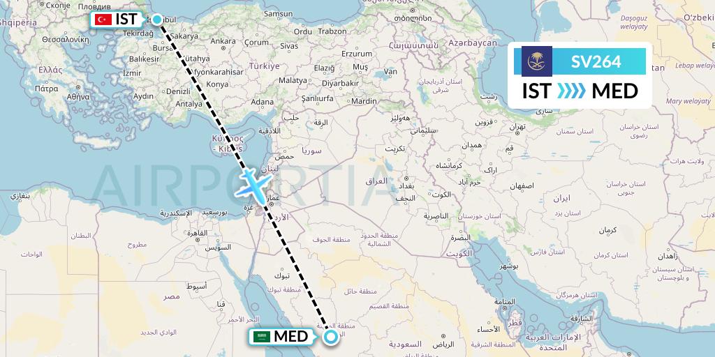 SV264 Saudi Arabian Airlines Flight Map: Istanbul to Medina