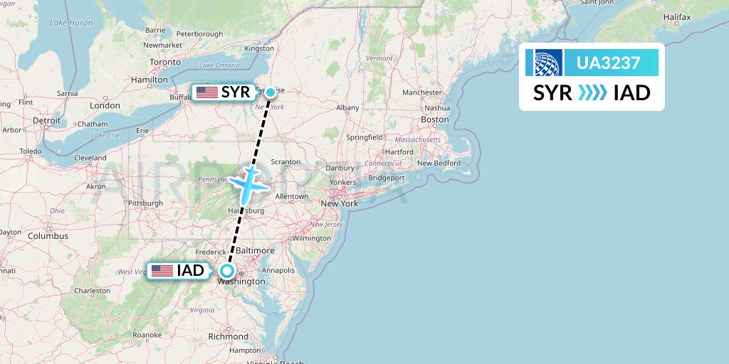 UA3237 United Airlines Flight Map: Syracuse to Washington