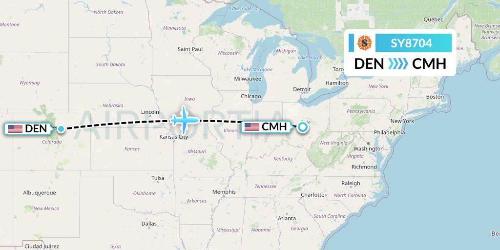 SY8704 Sun Country Airlines Flight Map: Denver to Columbus