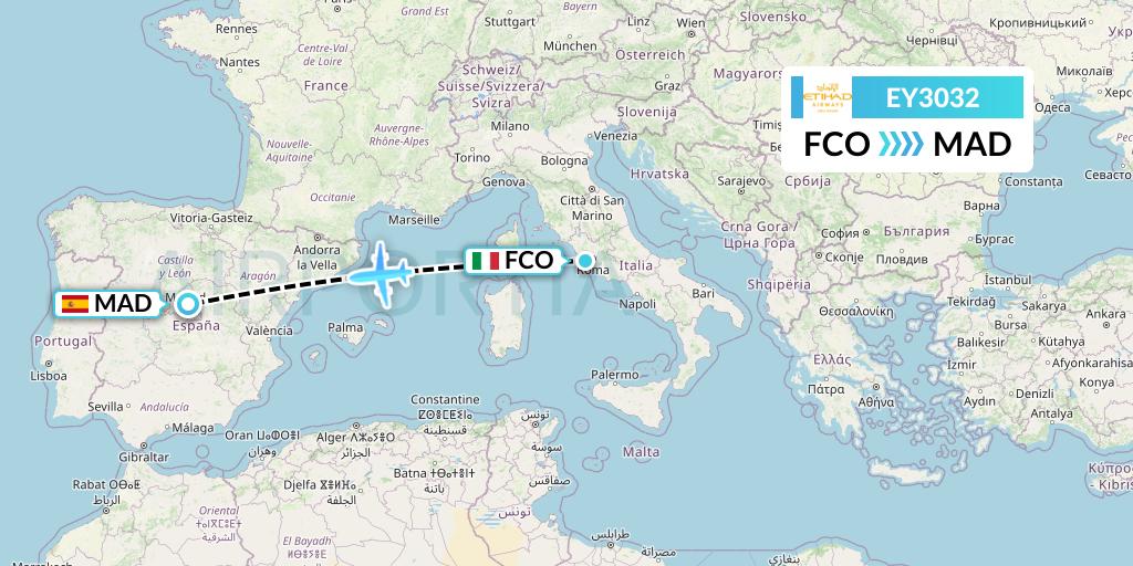 EY3032 Etihad Airways Flight Map: Rome to Madrid