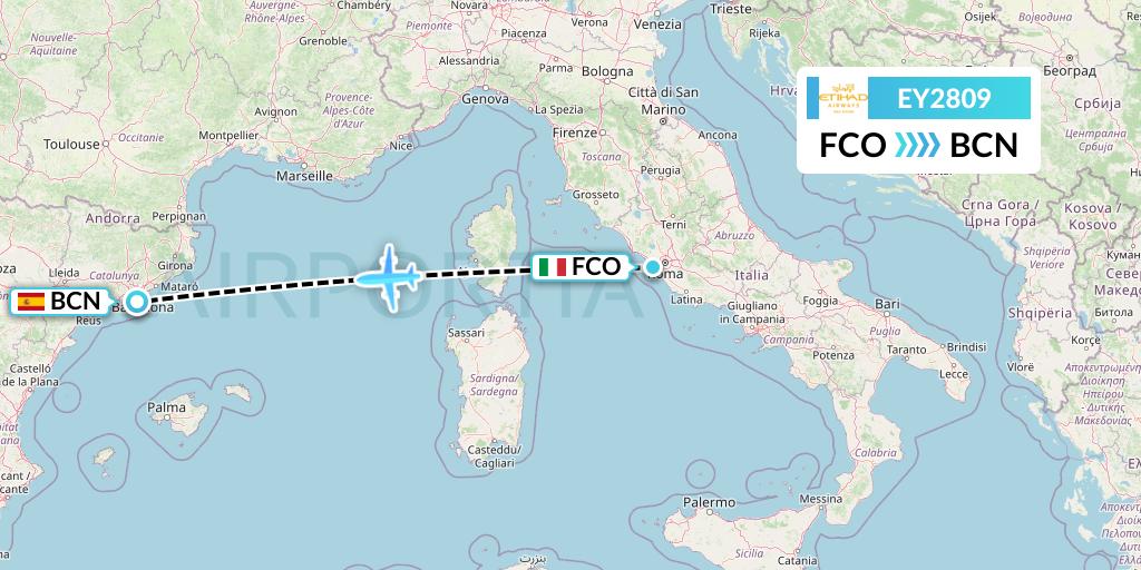 EY2809 Etihad Airways Flight Map: Rome to Barcelona
