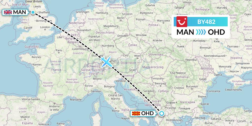 BY482 TUI Airways Flight Map: Manchester to Ohrid
