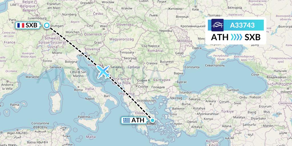 A33743 Aegean Airlines Flight Map: Athens to Strasbourg