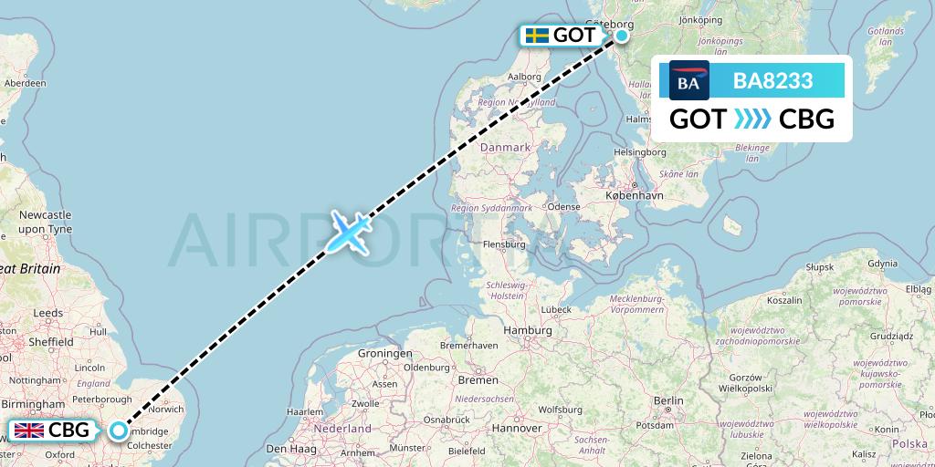 BA8233 British Airways Flight Map: Gothenburg to Cambridge