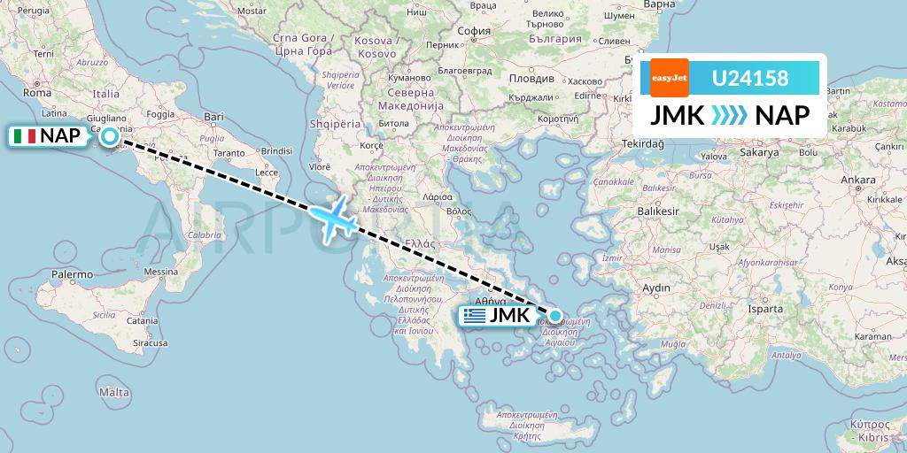 U24158 EasyJet Flight Map: Mykonos to Naples