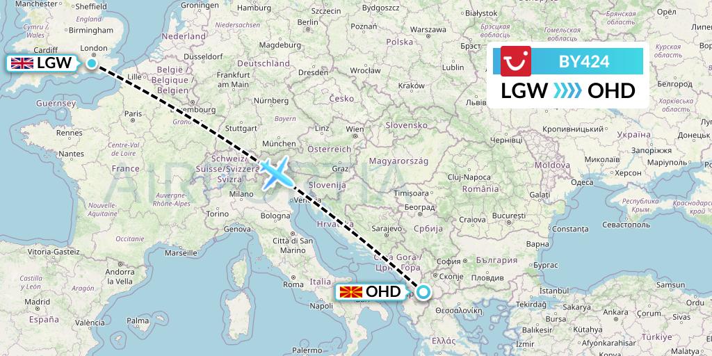 BY424 TUI Airways Flight Map: London to Ohrid