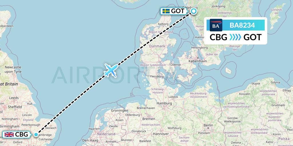 BA8234 British Airways Flight Map: Cambridge to Gothenburg