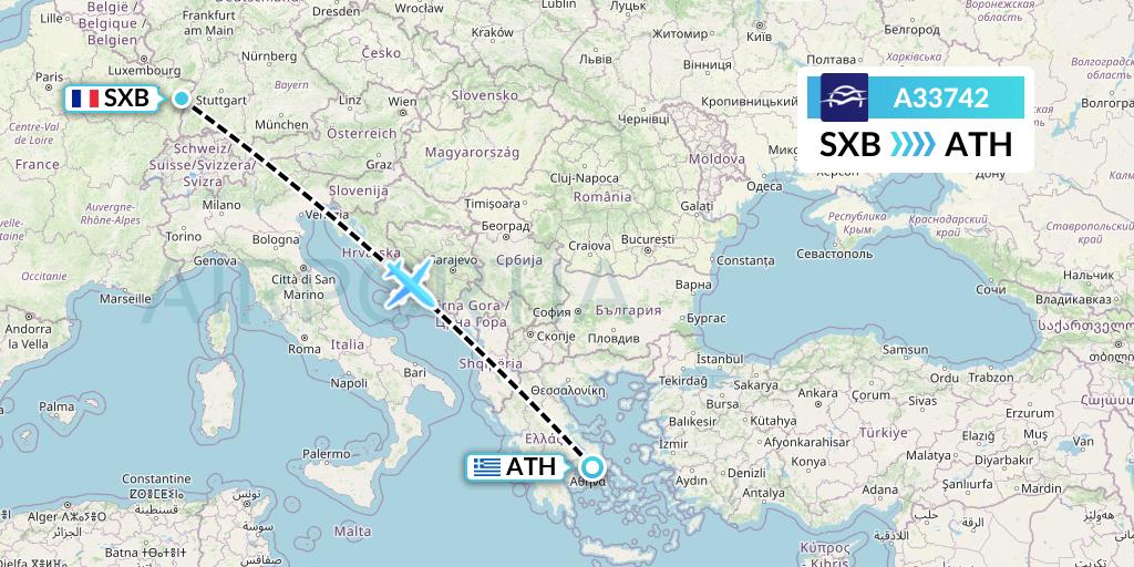 A33742 Aegean Airlines Flight Map: Strasbourg to Athens