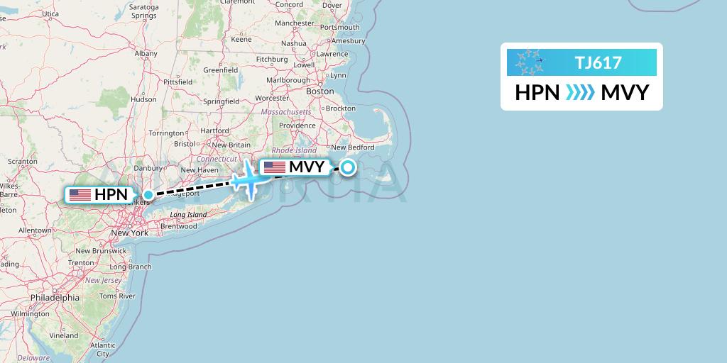 TJ617 Tradewind Aviation Flight Map: White Plains to Martha's Vineyard