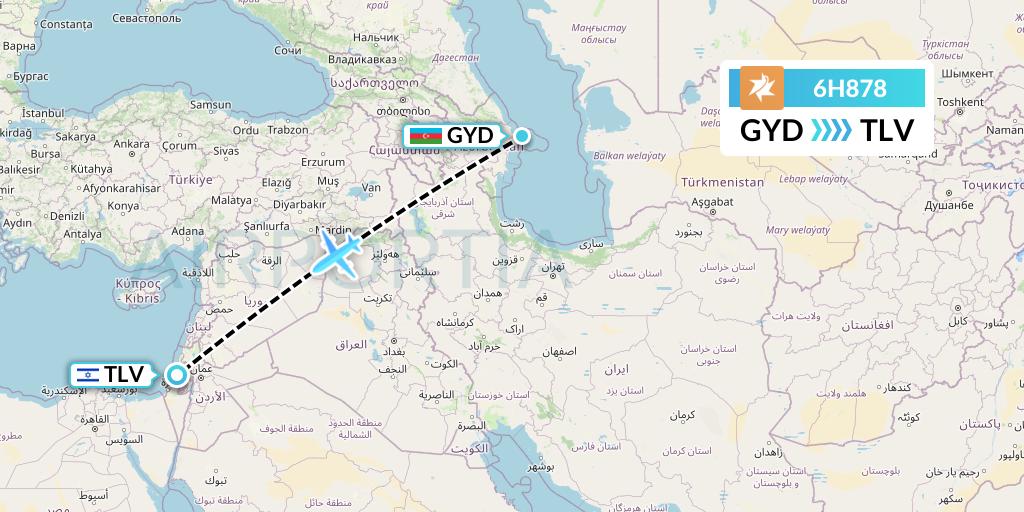 6H878 Israir Airlines Flight Map: Baku to Tel Aviv