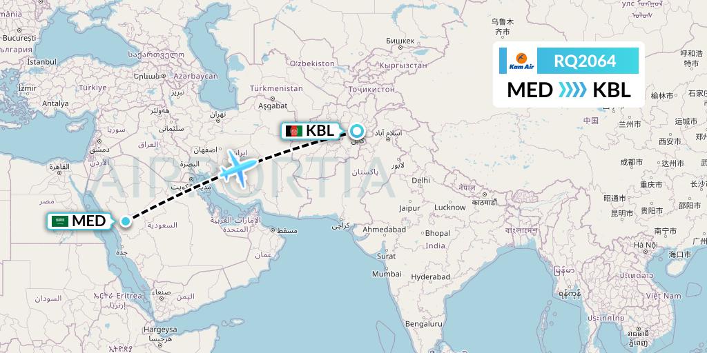 RQ2064 Kam Air Flight Map: Medina to Kabul