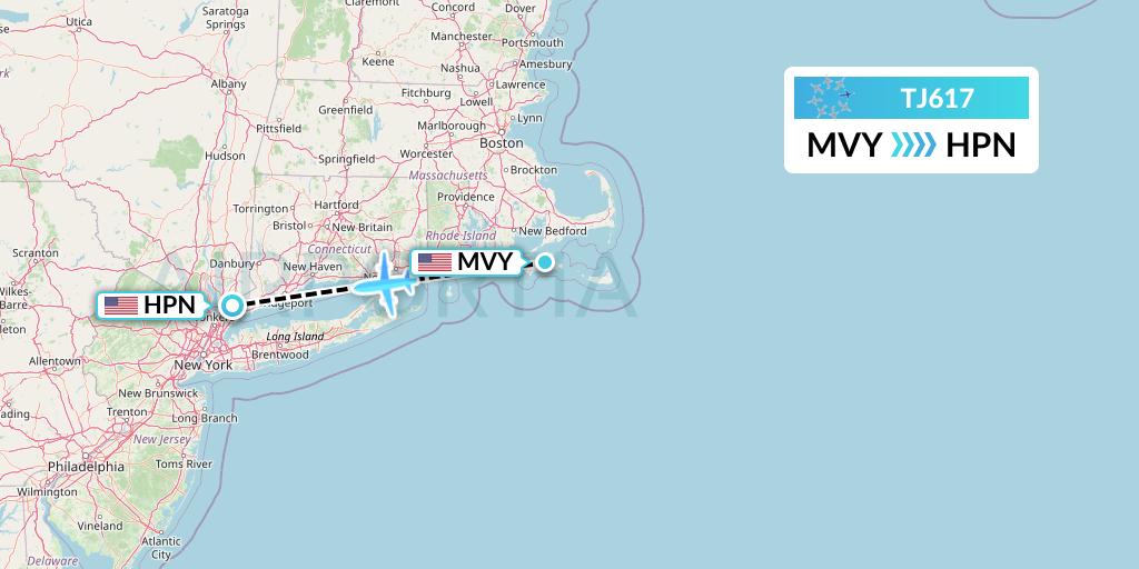 TJ617 Tradewind Aviation Flight Map: Martha's Vineyard to White Plains