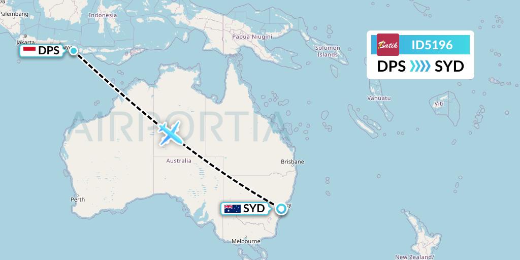 ID5196 Batik Air Flight Map: Denpasar to Sydney