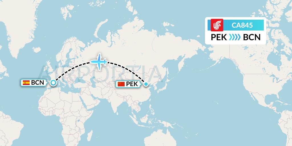 CA845 Air China Flight Map: Beijing to Barcelona