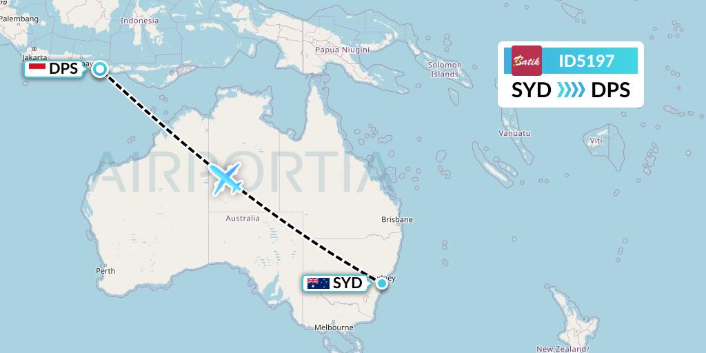 ID5197 Batik Air Flight Map: Sydney to Denpasar