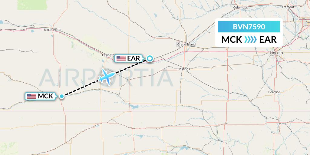BVN7590 Baron Aviation Services Flight Map: McCook to Kearney