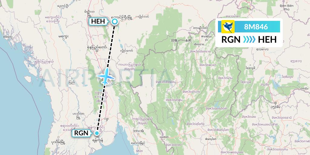 8M846 Myanmar Airways International Flight Map: Yangon to Heho