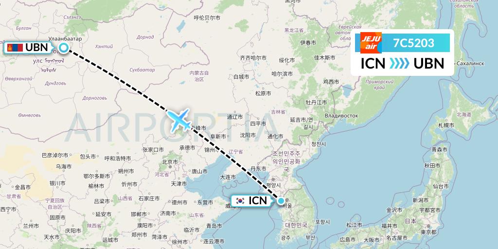 7C5203 Jeju Air Flight Map: Seoul to Ulan Bator