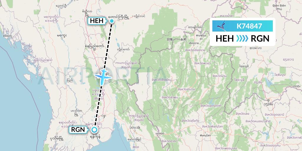 K74847 Air KBZ Flight Map: Heho to Yangon