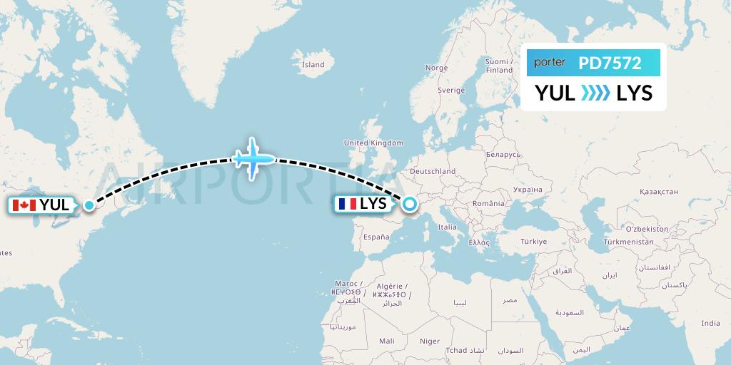 PD7572 Porter Airlines Flight Map: Montreal to Lyon