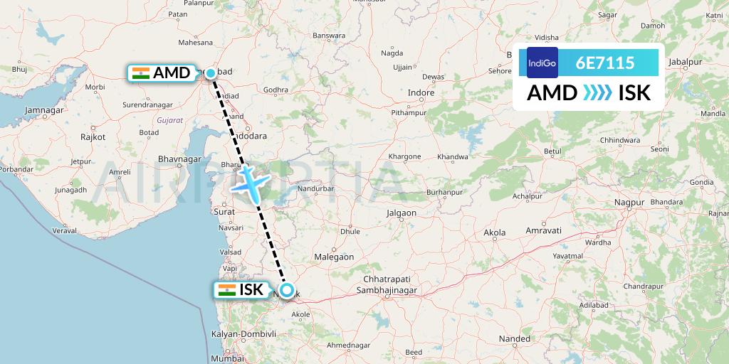 6E7115 IndiGo Airlines Flight Map: Ahmedabad to Nashik