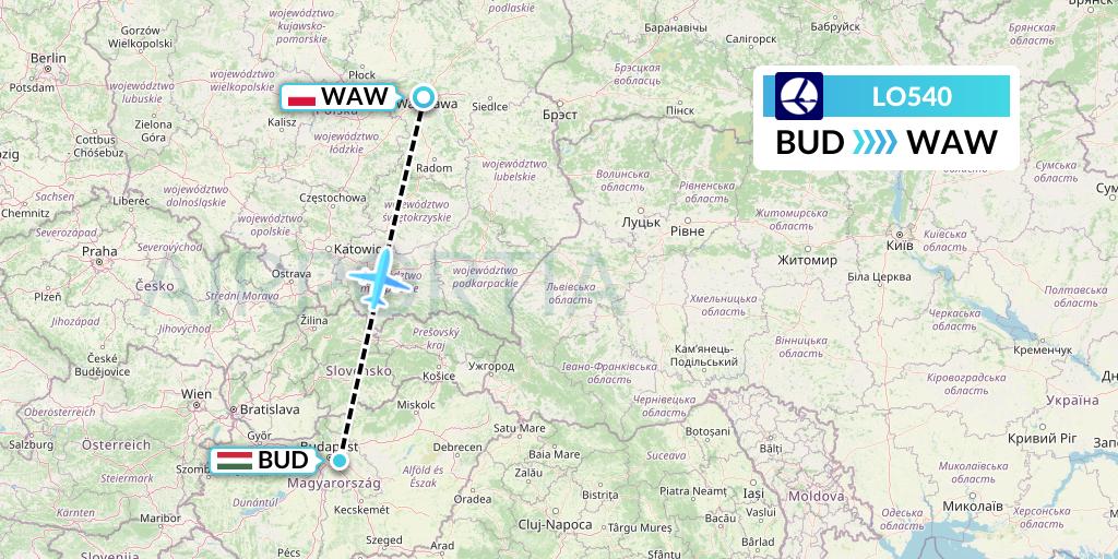 LO540 LOT Flight Map: Budapest to Warsaw