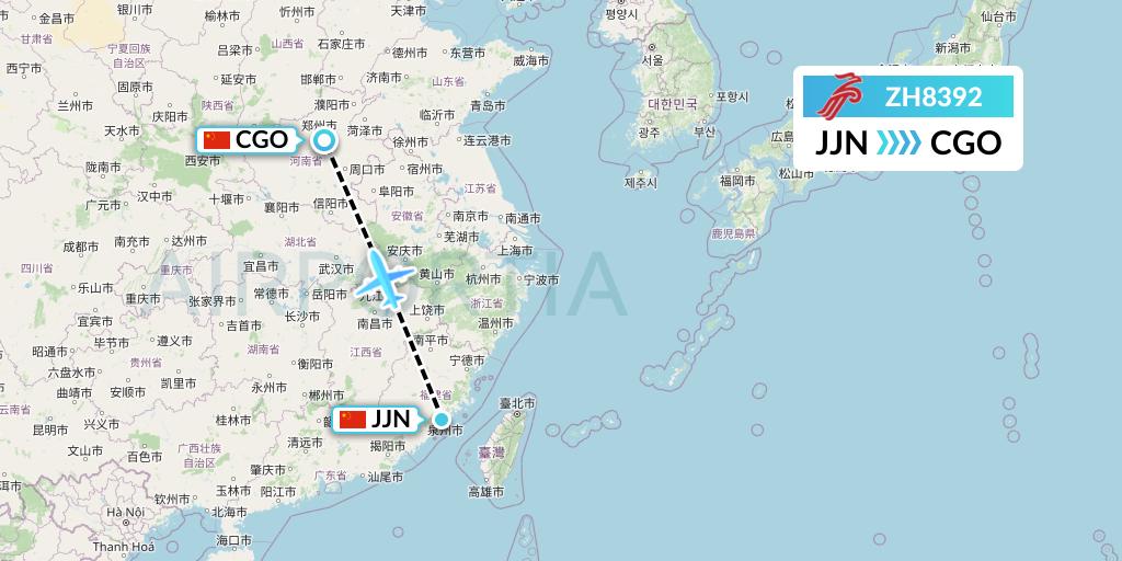 ZH8392 Shenzhen Airlines Flight Map: Jinjiang to Zhengzhou
