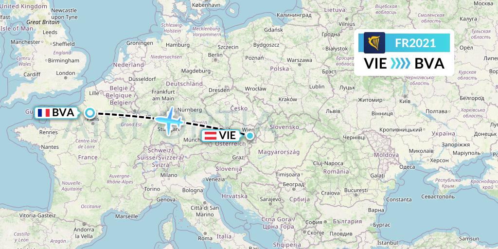 FR2021 Ryanair Flight Map: Vienna to Paris
