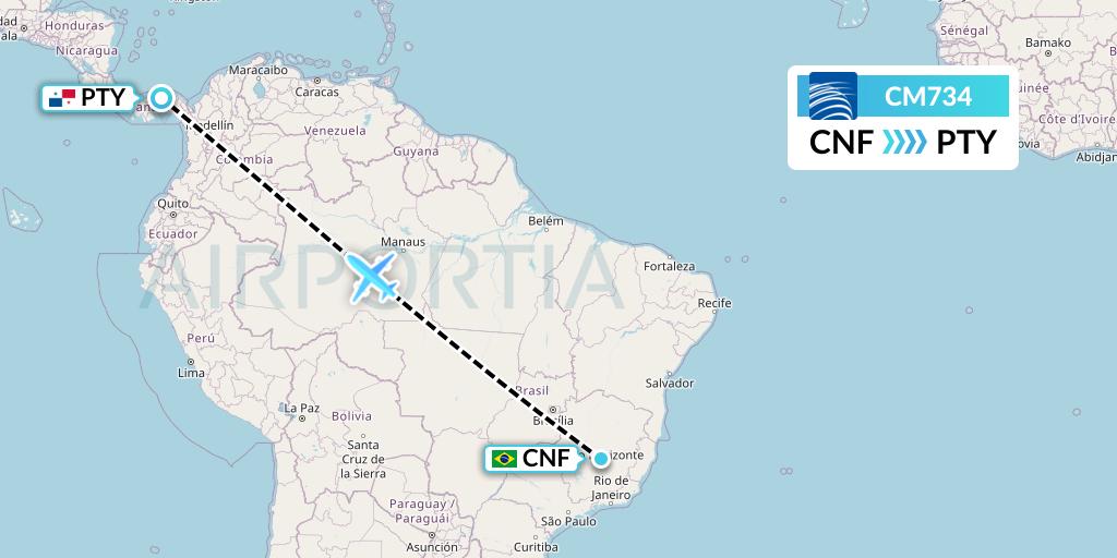 CM734 Copa Airlines Flight Map: Belo Horizonte to Panama City