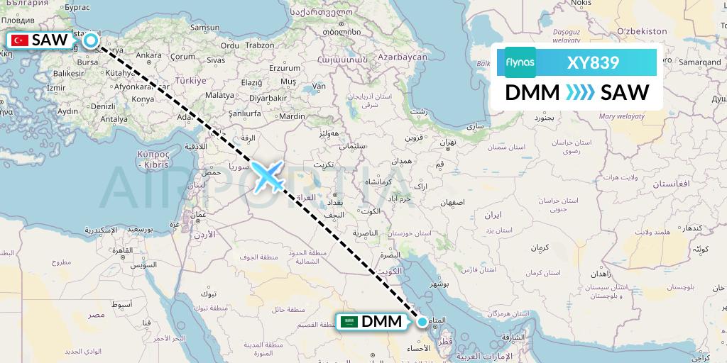 XY839 Flynas Flight Map: Dammam to Istanbul