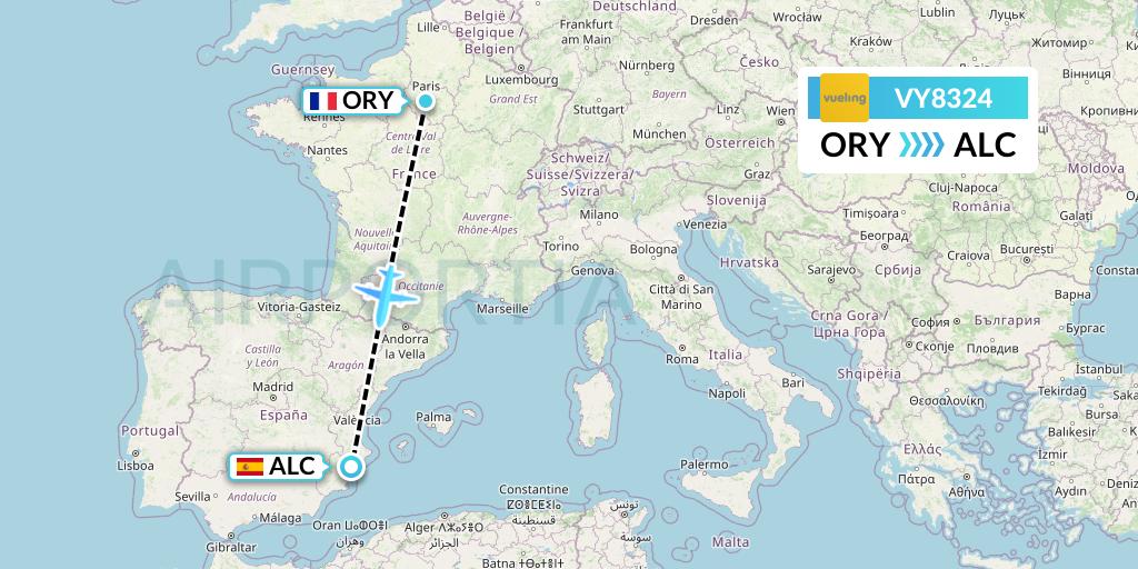 VY8324 Vueling Flight Map: Paris to Alicante