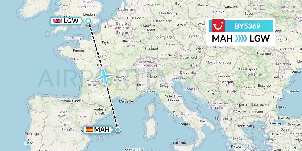 BY5369 TUI Airways Flight Map: Mahon to London