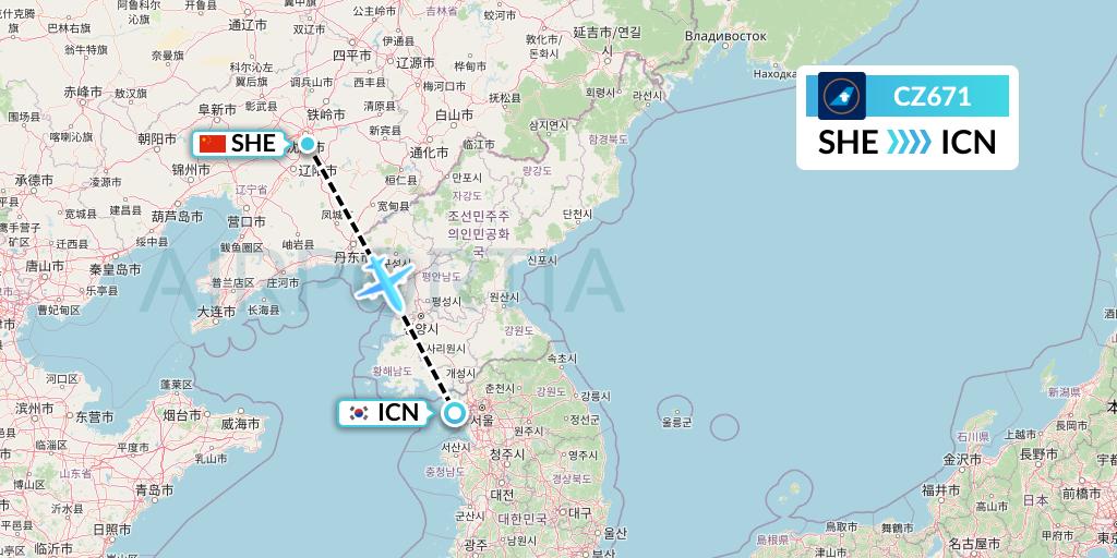 CZ671 China Southern Airlines Flight Map: Shenyang to Seoul