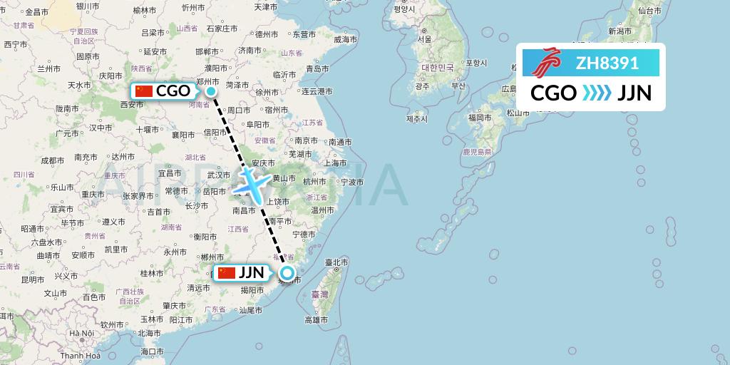 ZH8391 Shenzhen Airlines Flight Map: Zhengzhou to Jinjiang