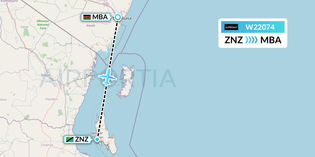 W22074 Flex Flight Flight Map: Zanzibar to Mombasa