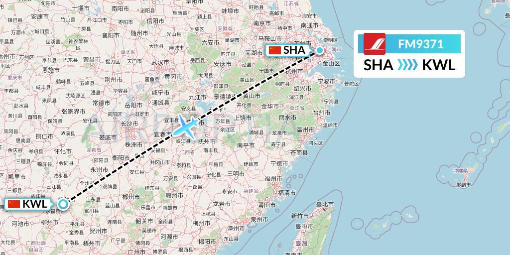 FM9371 Shanghai Airlines Flight Map: Shanghai to Guilin
