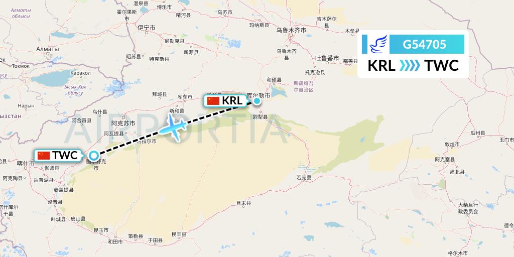 G54705 China Express Airlines Flight Map: Korla to Kashgar