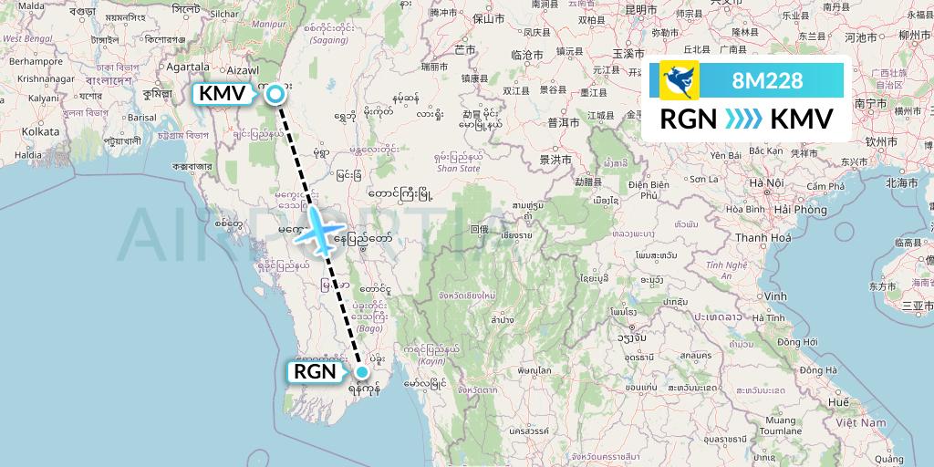 8M228 Myanmar Airways International Flight Map: Yangon to Kalemyo