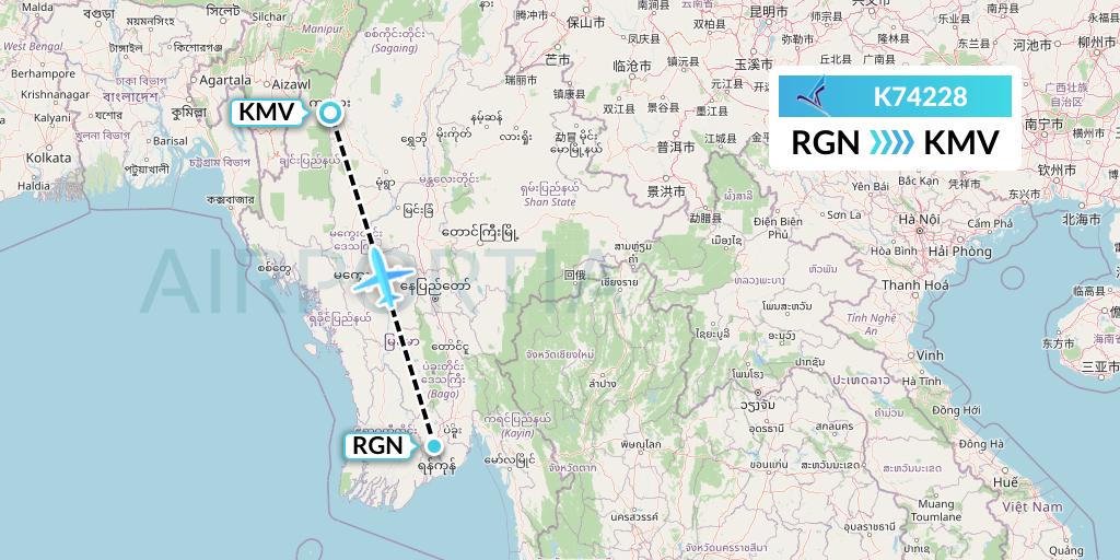 K74228 Air KBZ Flight Map: Yangon to Kalemyo