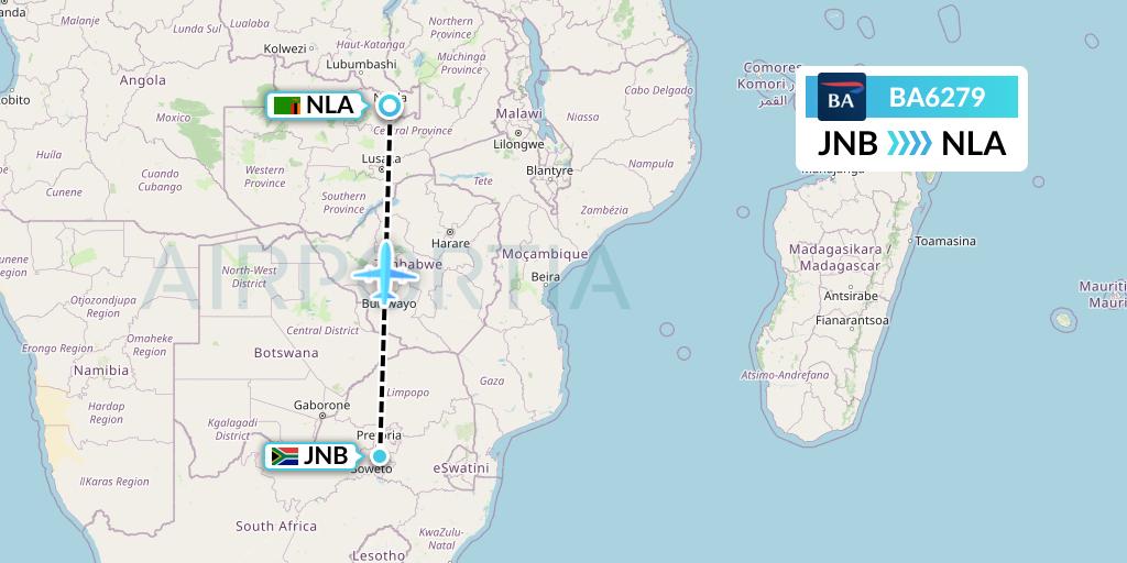 BA6279 British Airways Flight Map: Johannesburg to Ndola
