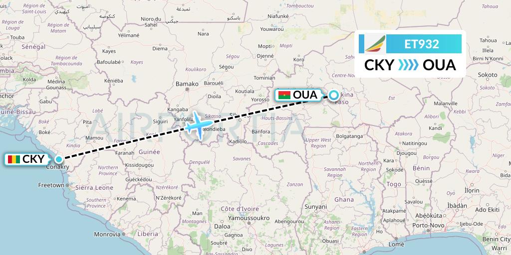 ET932 Ethiopian Airlines Flight Map: Conakry to Ouagadougou