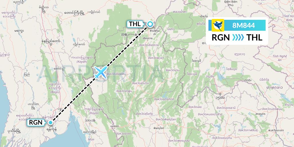 8M844 Myanmar Airways International Flight Map: Yangon to Tachilek